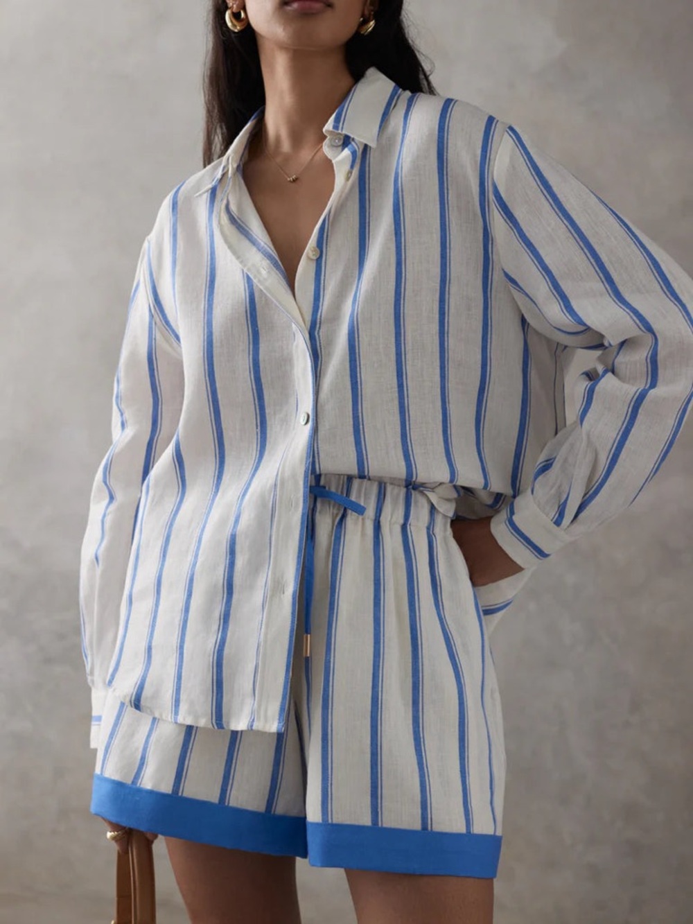 Women's Blue & White Linen Button-Down Shirt and Shorts Set